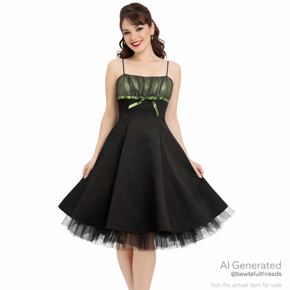 Y2K Black Green Empire Waist Party Dress Fit Flare XS/S Junior 7/8